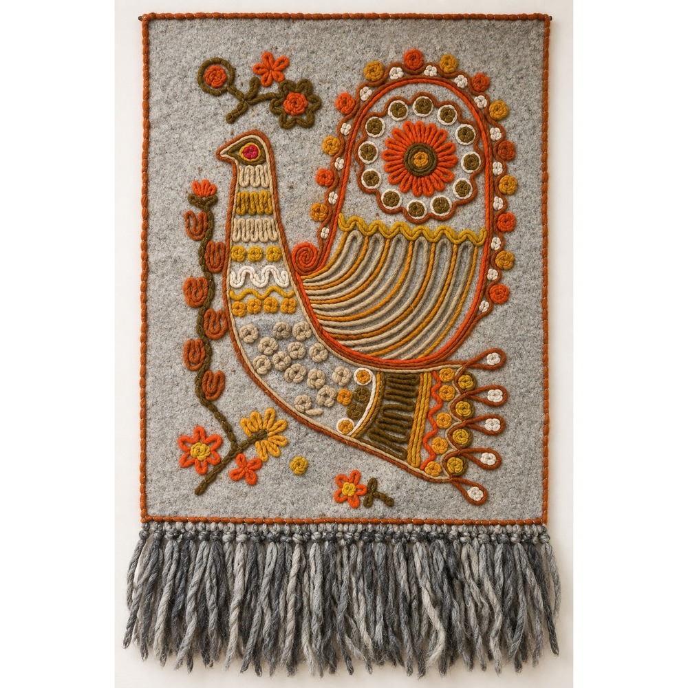 Vintage 70s Fiber Art Bird Wall Hanging Crewel Yarn Folk Art Boho 2x3 Large